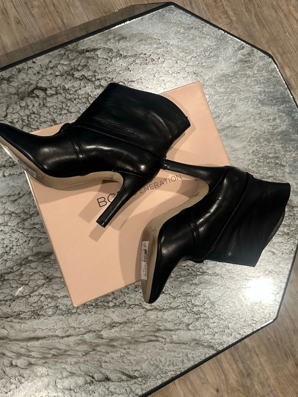 BCBG Black Leather Pointed-Toe Ankle Booties with Buckle Strap - Picture 3 of 7